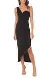 Dress The Population Magnolia One-shoulder Asymmetric Body-con Midi Dress In Black