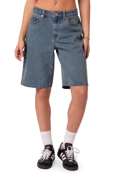 Edikted Oversize Low Rise Denim Bermuda Shorts In Blue-washed