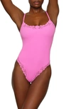 Skims Lace Trim Bodysuit In Neon Orchid