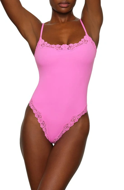 Skims Lace Trim Bodysuit In Neon Orchid