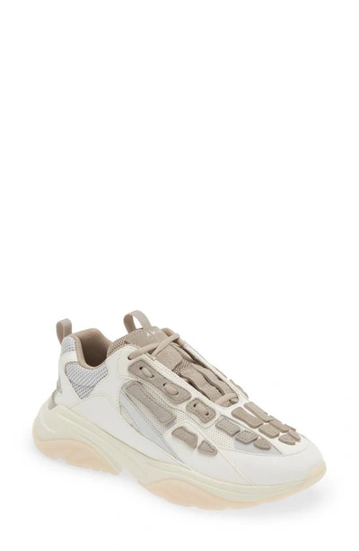 Amiri Bone Runner Leather And Suede-trimmed Mesh Trainers In Stone Grey,white