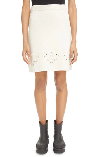 Chloé White A-line Knit Mini-skirt With Perforated Motifs In Wool Woman