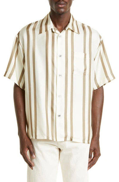 John Elliott Stripe Short Sleeve Silk Button-up Shirt In Neutrals