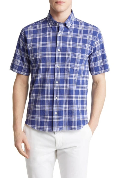 Scott Barber Regular Fit Plaid Short Sleeve Stretch Cotton Seersucker Button-down Shirt In Navy