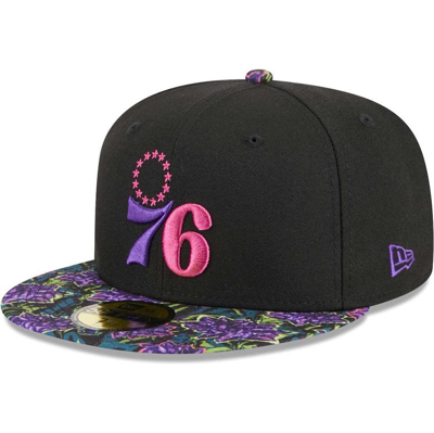 New Era Black Philadelphia 76ers Dark Fantasy Neon Lotus Flower 59fifty Fitted Hat