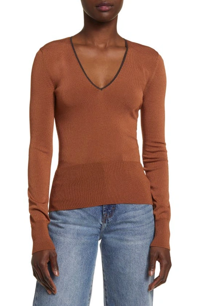 Rag & Bone Danielle Long-sleeve Lace-trim Top In Dark Caramel