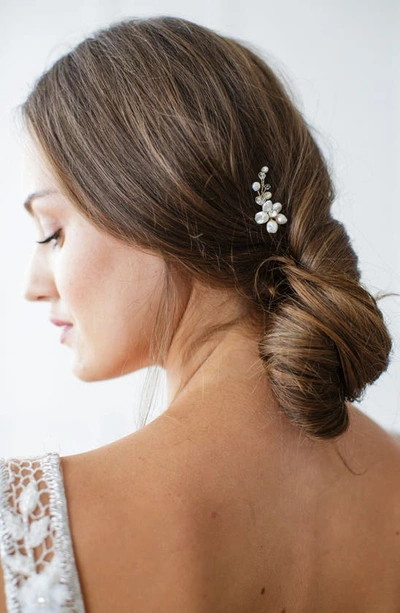 Brides And Hairpins Nahla Set Of 2 Pearl & Crystal Flower Pins In Silver