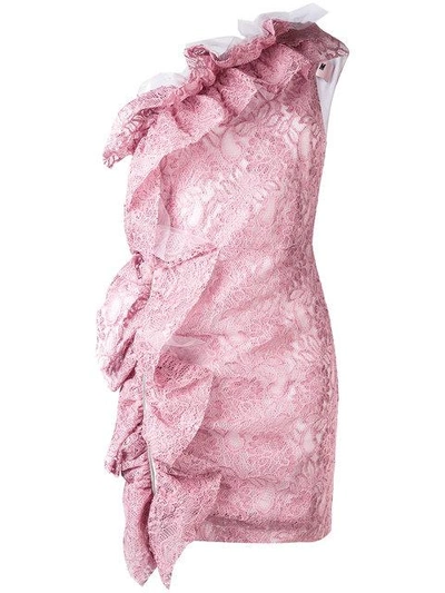 Msgm One-shoulder Ruffled Lace Mini Dress In Pink