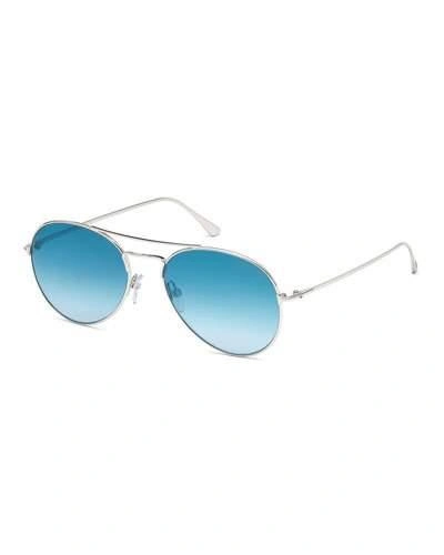 Tom Ford Ace Metal Pilot Sunglasses, Shiny Rhodium/gradient Light Blue In Shiny Rodium/blue Mirror