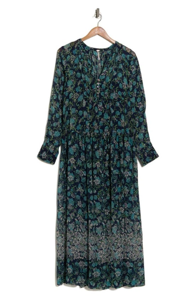 Free People See It Through Floral Long Sleeve Maxi Dress In Blue