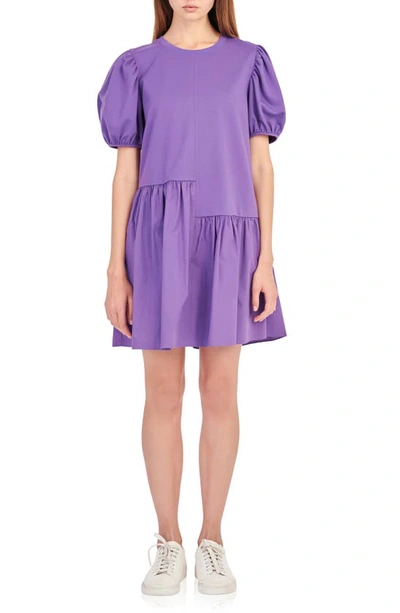 English Factory Puff Shoulder Mixed Media Minidress In Purple