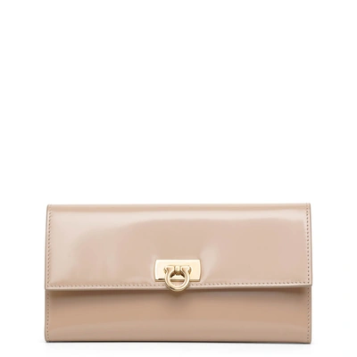 Ferragamo Continental Wallet With Gancini Clasp In Beige