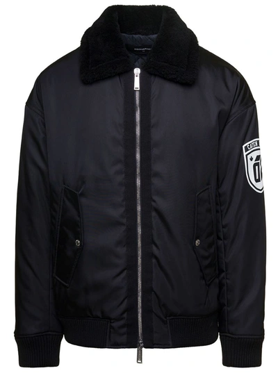 DSQUARED2 'CIPRUS' BLACK BOMBER JACKET WITH CONTRASTING LOGO PATCH AND PRINT IN NYLON MAN
