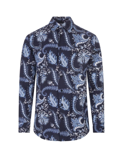 Etro Blue Shirt With Light Blue Paisley Print In Multi