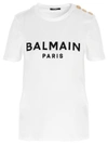 Balmain White Crewneck T-shirt With Logo Print And Golden Buttons In Jersey Woman