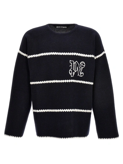 Palm Angels Embroidered-monogram Striped Jumper In Blue