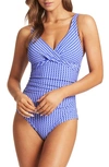 Sea Level Checkmate Cross Front Multifit One-piece Swimsuit In Cobalt