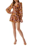 Astr Floral Open Back Long Sleeve Chiffon Romper In Yellow Spice Floral