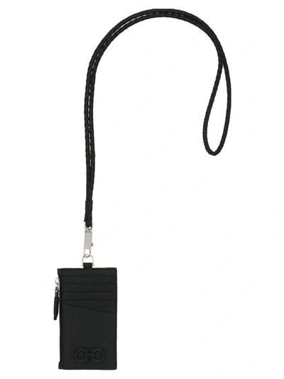 Ferragamo 'gancio' Card Holder With A Shoulder Strap In Black