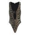 Ganni Leopard-print Cut-out Swimsuit In Brown