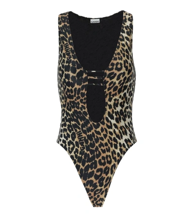 Ganni Leopard-print Cut-out Swimsuit In Brown