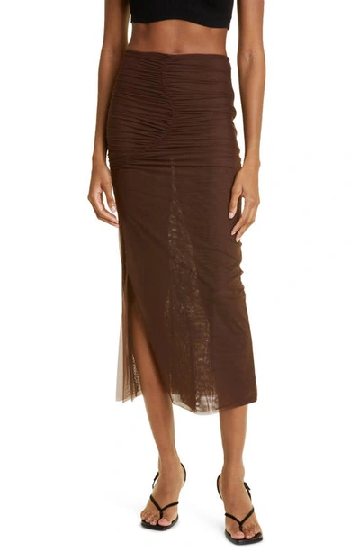 Sir Jacques Ruched Mesh Skirt In Brown