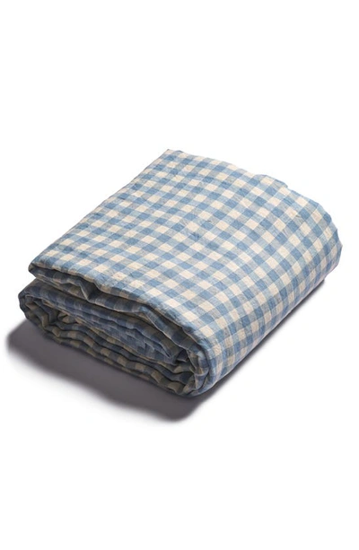 Piglet In Bed Gingham Linen Flat Sheet In Warm Blue