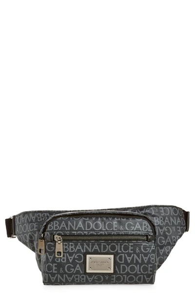 Dolce & Gabbana Logo Print Canvas Belt Bag In Black/ Grey