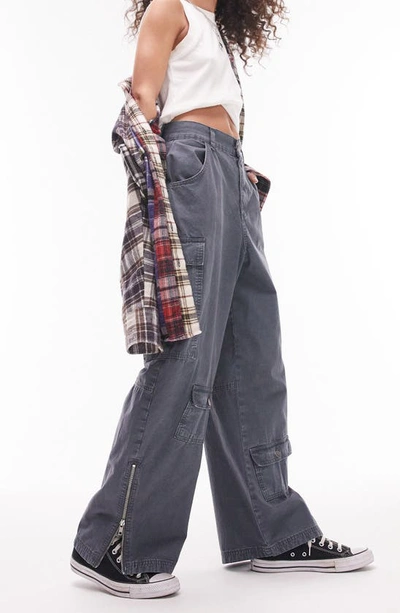 Topshop Washed High Waist Pocket Cargo Pants In Gray