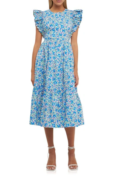 English Factory Women's Floral Back Cut-out Midi Dress In Blue Multi