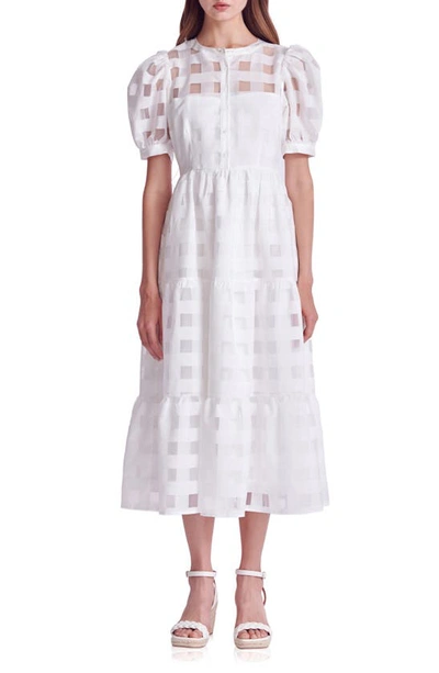 English Factory Check Puff Sleeve Belted Shirtdress In White