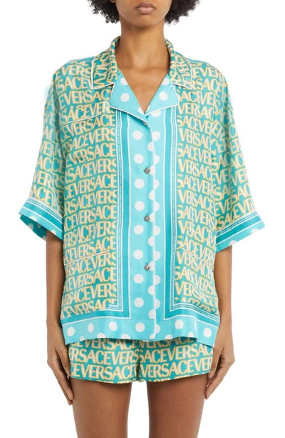 Versace X Dua Lipa Blue Allover Polka Dot Silk Shirt In Multi-colored
