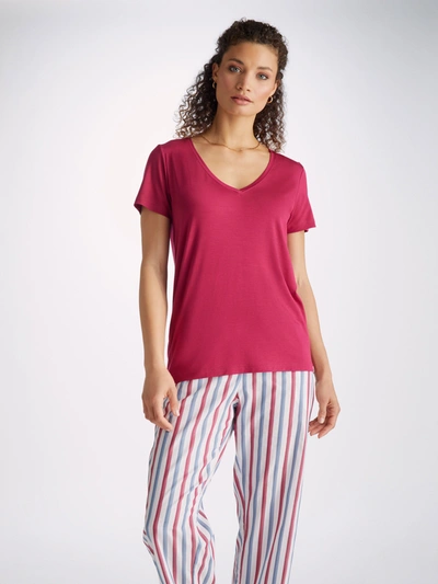 Derek Rose Women's V-neck T-shirt Lara Micro Modal Stretch Berry