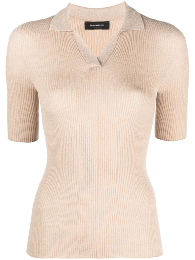 Fabiana Filippi Ribbed-knit Short-sleeved Polo Shirt In Neutrals