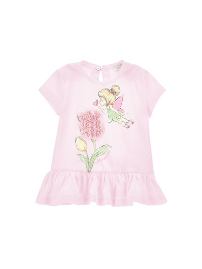 Monnalisa Kids'   Maxi T-shirt With Tulle Tulip In Rosa Fairy Tale