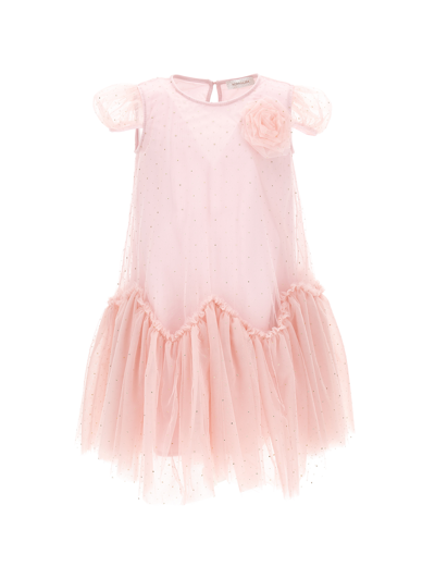 Monnalisa Kids'   Tulle Dress With Spire Flounces In Pink + Gold
