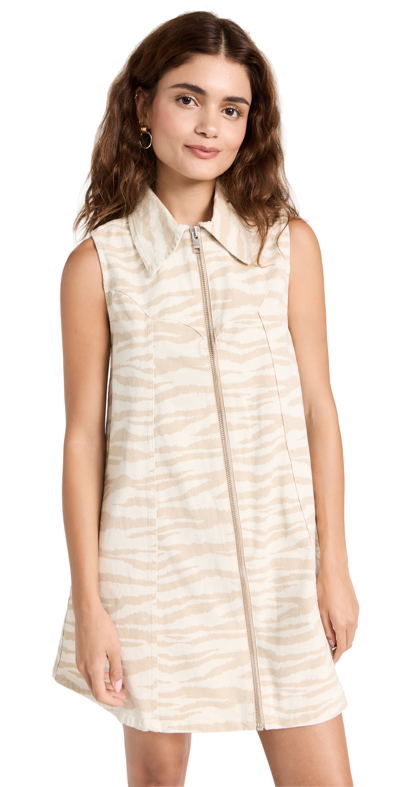 Ganni Zebra Print Denim Trapeze Shirtdress In Pale Khaki