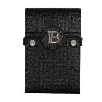 Balmain B-buzz Smartphone Clutch Bag In Monogram Canvas And Leather In Black