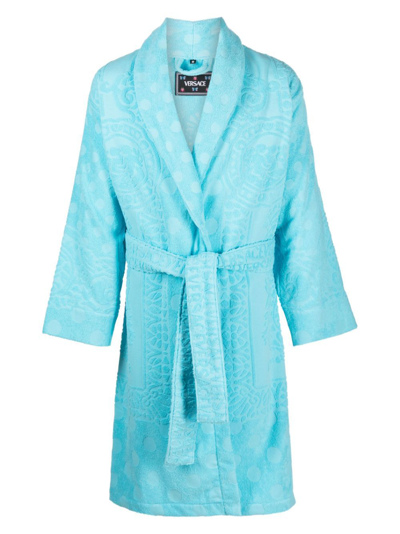 Versace Barocco-print Terry-cloth Robe In Blue