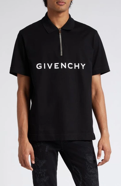 Givenchy Logo-print Short-zip Polo Shirt In Black
