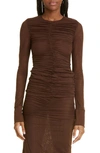 Sir Jacques Ruched Long Sleeve Mesh Top In Chocolate
