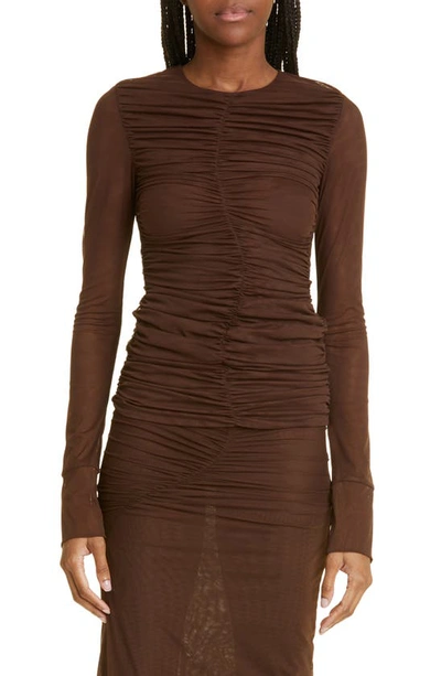 Sir Jacques Ruched Long Sleeve Mesh Top In Brown