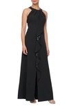 Sl Fashions Sequin Halter Neck Ruffle Gown In Black