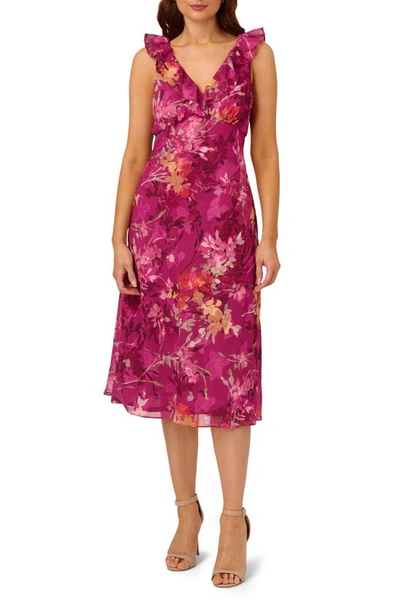 Adrianna Papell Floral Print Ruffle Metallic Dress In Raspberry Multi