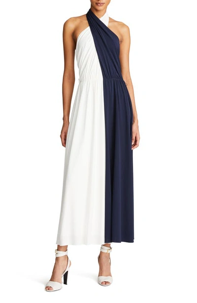 Halston Sondra Crossover Colorblock Halter Maxi Dress In Chalk Navy