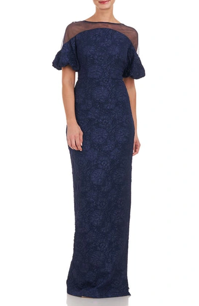 Js Collections Janessa Floral Mesh Column Gown In Navy