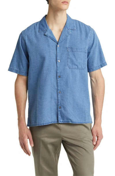 Frame Short Sleeve Cotton & Linen Chambray Camp Shirt In Salt Water