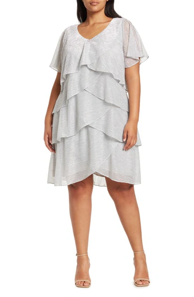Slny Shimmer Bodre Tiered Ruffle Dress In Sil