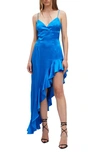 Bardot Ember Asymmetric Satin Midi Slipdress In Bold Blue