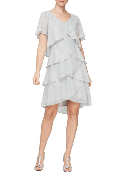 Sl Fashions Tiered Shimmer Metallic Flutter Sleeve Dress In Silver